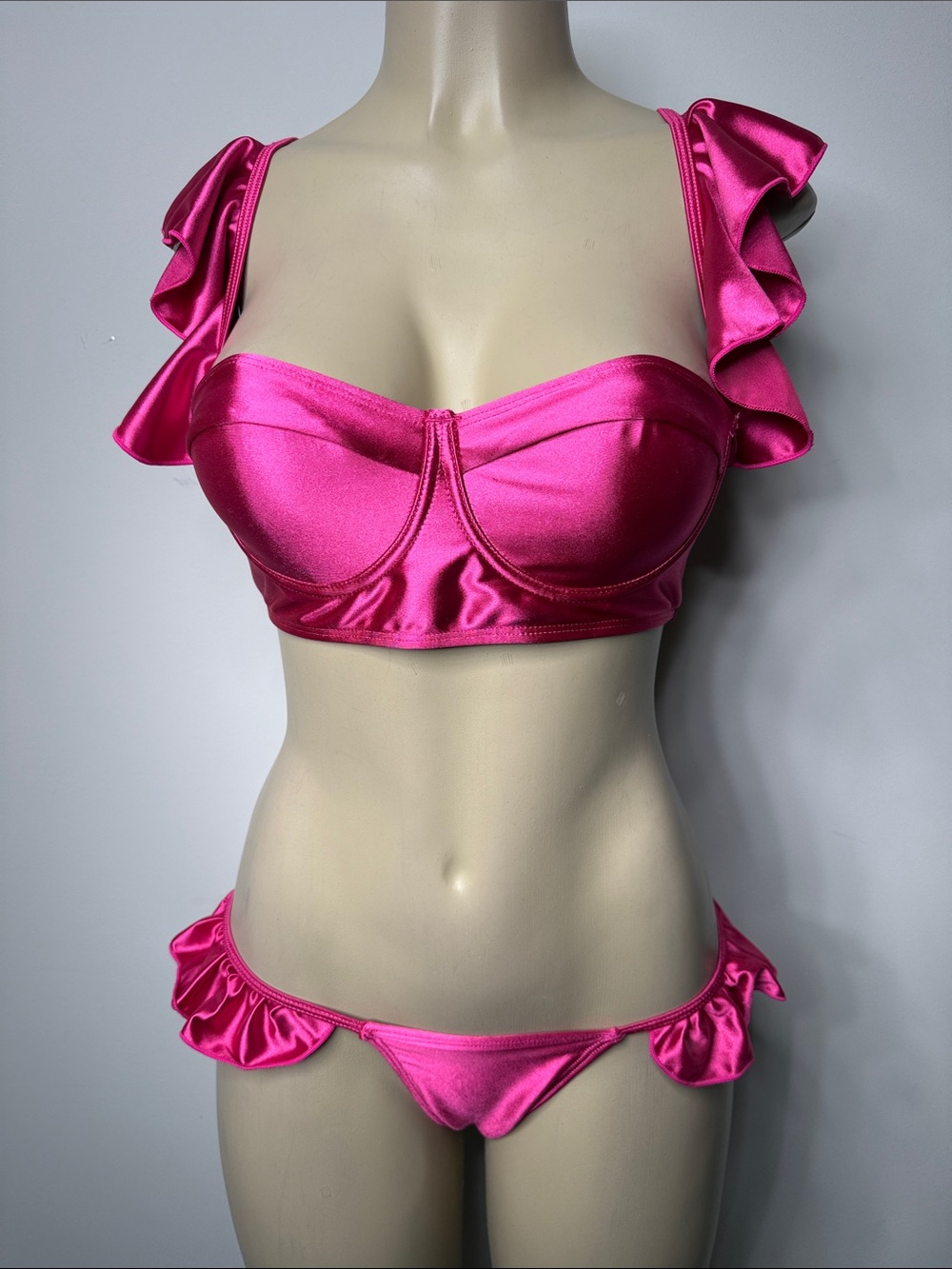 SHEIN Satin Ruffle Strap Bikini Set - Hot Pink